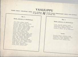 Vaalilippu  Oripään kunnan valtuutettujen vaaleja varten 27.12.1918