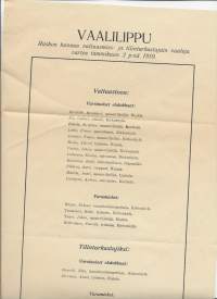 Vaalilippu Ruskon  kunnan valtuusmiesten  ja tilitarkastajain vaaleja varten 2.1.1919