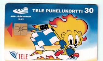 Puhelukortti  Tele 30 SM. MM- jääkiekko  v.1997. Takana miten MM-kisat 1997 pelataan Helsingissä, Turussa ja Tampereella