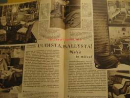 Kotiliesi 1950 nr 2, sisustusarkkitehti Aili Kalske: Uudista, päällystä, millä ja miten?, pois portaiden rasitus, monen mielen myssy