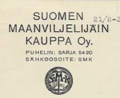 Suomen Maanviljelijäin Kauppa Oy SMK  Tampere  1934  - firmalomake