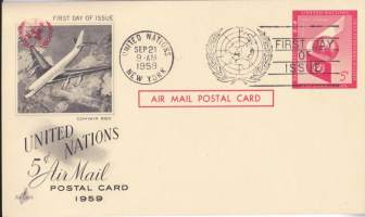 FDC Ensipäiväkortti United Nations YK 21.09.1959 (5c Airmail). Kuvassa Convair 880