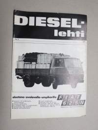 Diesel-lehti 1970 nr 9 -mainoskuvitusta autoista, työkoneista ja moottoreista, kansikuva Fiat 625N, Metsätraktori - käyttösovellutuksia, Raskaan kaluston renkaat