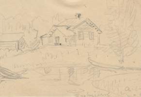 Aarne Lamminen, Syskyjärvi 1941, luonnos lyijykynäpiirros,  sotareissulta 11x15 cm pikakehyksessä