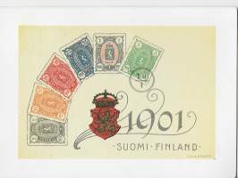 1901 postimerkkien muistoksi jälkipainos -  postikortti kulkenut  1988