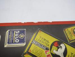 Oy Merijal Ab, Oulu Leijona, Merijal, Sulo -pastillit -mainosjuliste 1930-luvulta (painettu kartongille) -advertising poster / carton