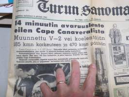 Turun Sanomat 1961, 6.5.1961, 14 minuutin avaruslento Cape Canaveral - muunneltu V2-raketti - Alan Shepard, Turkuun valmistuneita kerrostaloja