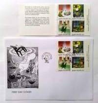 Muumi ensipäiväkuori FDC Moomin First day cover. Muumi postimerkkivihko 4 x 1 luokka 2000 Moomin figures stamp booklet 4 x 1st class stamp