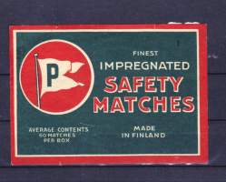 Vienti tulitikkuetiketti  (10 x 7 cm) Finest Impregnated Safety Matches. Made in Finland