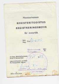 Moottoriveneen Rekisteritodistus 1973 -  rekisteriote