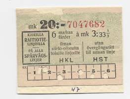HKL / HST  raitiotie matkalippu 8 matkaa a 6,25 mk = 50 mk 1947