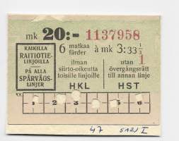 HKL / HST  raitiotie matkalippu 8 matkaa a 6,25 mk = 50 mk 1947 sarj I