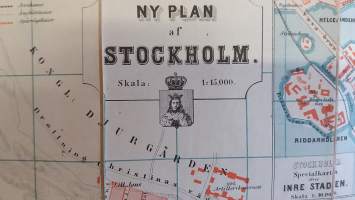 Ny plan af Stockholm jemte notiser för resande på svenska, tyska, franska och engelska. (1800-luku, vanha kaupunkikartta, harvinainen, keräilykohde)