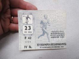 XV Olympia Helsinki 23.7.1952, Stadion, yleisurheilu -pääsylippu, inträdesbiljett, billet d&#039;entré, admission ticket