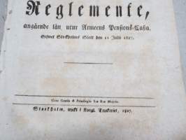 Kongl. Majestets... Förnyade Nådiga Reglemente, angående lån utur Armeens Pensions-Cassa, Stockholm, 1827 -asetus / määräys
