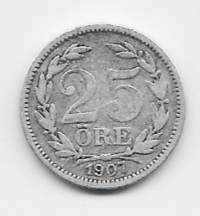 Ruotsi 25 Öre 1907 - ulkomainen kolikko hopeaa