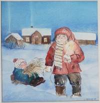 Tuula Tiitinen, &quot;Mökin lapset&quot; akvarelli sign 1980, kehystetty 37x37 cm