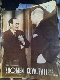 Suomen Kuvalehti  1947 nr 6 (8.2.)Fagerholm ja Kekkonen, Thomas Alva Edison, rauhansopimuksen ehdot ovat Suomelle raskaat