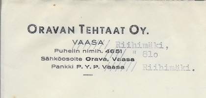 Oravan Tehtaat Oy Riihimäki 1947 - firmalomake