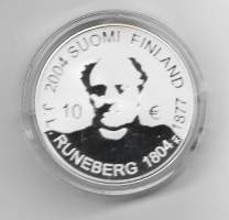 10 € 2004 Johan Ludvig Runeberg ja runousHopeaa / silver 27,4 g (925/1000). Proof  pilleri, kotelo ja sertifikaati