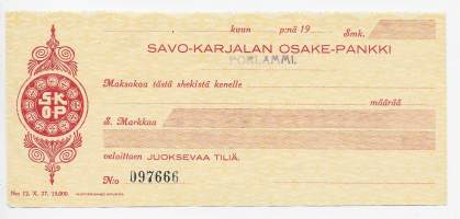 Savo-Karjalan Osake-Pankki , blanco shekki 1924