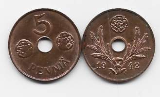 5 penniä  1942 Cu sota-ajan kolikko