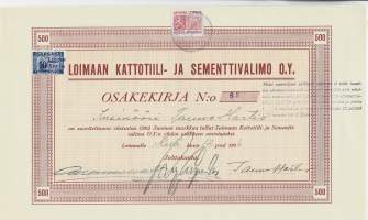 Loimaan Kattotiili- ja Sementtivalimo (Loimaan Betoni Oy) ,  500 mk  osakekirja,  Loimaa 12.6.1936