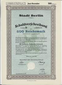 stadt Berlin Schuldverschreibung ( velkakirja) 500 Rmk Berlin 1926