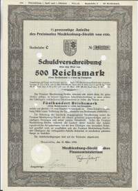 Freistaates Mecklenburg-Streliss Schuldverschreibung ( velkakirja) 500 Rmk 1930