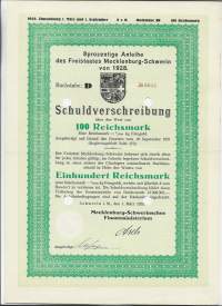 Freistaates Mecklenburg-Schwerin  Schuldverschreibung ( velkakirja) 100 Rmk 1928