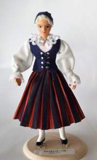 Keski-Suomen puku -  kansallispukunukke - nukke /Käsinmaalattu ja   suomalaiseen kansallispukuun puettu 12 sm korkea nukke, joka onvalmistettu  1990-luvulla