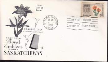 FDC Ensipäiväkuori Kanada 19.1.1966 Prairie Lily -Saskatchewanin osavaltion/provinssin nimikkokukka - Provincial floral emblem series.