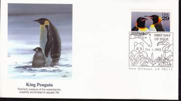 FDC Ensipäiväkuori USA 1.10.1992 King Penguin - Kuningaspingviini.