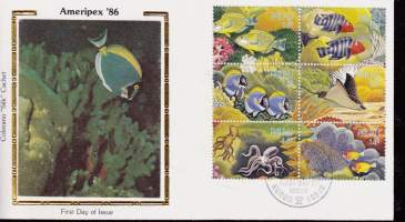 FDC Ensipäiväkuori Palau 25.2.1986 Ameripex &#039;86 -postimerkkinäyttely. Osa World of Sea &amp; Reef Philatelic Panorama - arkista. Kaloja, rausku ja mustekala