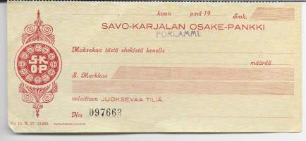 Savo-Karjalan Osake-Pankki , blanco shekki 1924