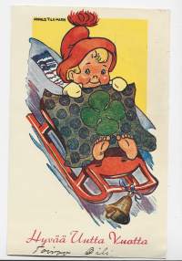 Sign A Tilgman - uudenvuodenkortti taiteilijapostikortti  postikortti  kulkenut Kenttäpostissa 1942