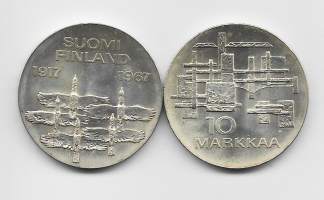 10 markkaa 1967 Itsenäisyys 50 v - hopeaa 0,900 alkuperäisessä kotelossa