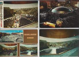 Temppeliaukion Kirkko   - paikkakuntakortti, kirkkopostikortti  postikortti 4 eril muovitaskussa
