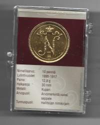 10 penniä  m 1895-1917  alkuperäisessä kotelossa  Monetan sarjasta - Suomalaiset käyttörahat 24 k kullattuina