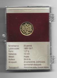 25 penniä  hopeaa m 1865-1917  alkuperäisessä kotelossa  Monetan sarjasta - Suomalaiset käyttörahat 24 k kullattuina