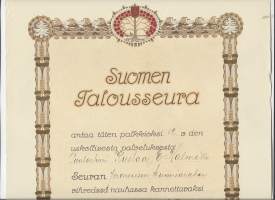 Suomen Talousseura - myöntökirja 44x28 cm  / pronssinen kunniaraha nauhassa kannettava 1923
