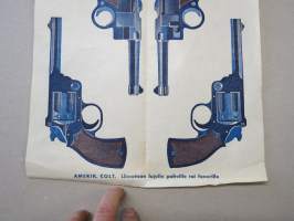 Parabellum ja Amerik. Colt - Liimaa lujalle pahville tai fanerille  - leikkaamaton arkki  30 x 35 cm, poikien leikkiaseiden värilliset painokuvat 1930-luvulta