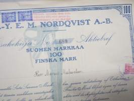 Oy E.M. Nordqvist A.-B., 100 Smk Osakekirja - Aktiebref, Herr Marcus Malmelin, 24.3.1917, kuvituksena kokojalkaproteesi