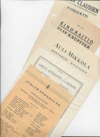 Julia Claussen, Eino Raitio,Auli Mikkola, Greta Björksten von Konow ja Judith Söderlund  -käsiohjelma 5 kpl  1920-30 l