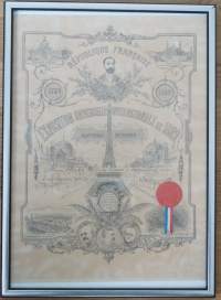 Exposition universelle Internationale de 1889 certificat  de visite 44x31  cm kehystetty