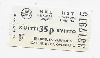 HKL Keskustalinjat  - matkalippu, linja-autolippu  1965