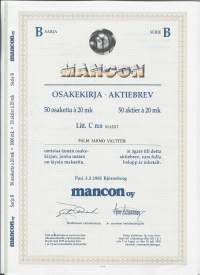 Mancon Oy, sarja B 50x20 mk  osakekirja,  Pori 3.5.1985
