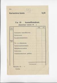 Kunnallismaksut Karinaisten kunta blanko 1918