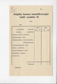 Oripään kunnan kunnallisverot  blanko 1917