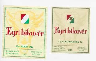 Egri Bikaver Alkoholiliike Oy nr 7918 ja Alko nr 459  - viinaetiketti viinietiketti 2 eril